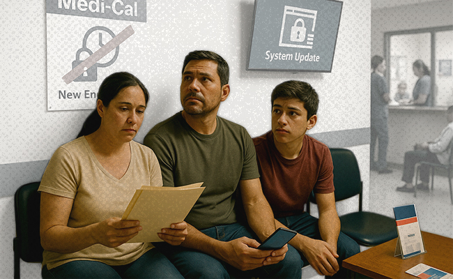 Médicos atendiendo a una familia latina en clínica comunitaria Medi-Cal
